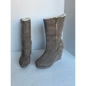 Juicy Couture Taupe Faux Suede Sherpa Lined Side Zip Wedge Heel Mid Calf Boots 8